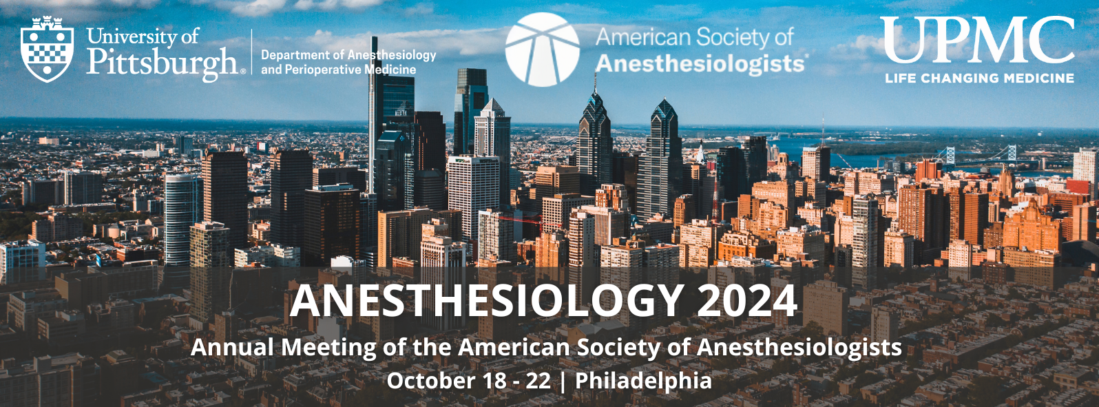 The ASA logo and the words "ANESTHESIOLOGY 2024 Annual Meeting of the American Society of Anesthesiologists, Philadelphia, PA, October 18-22" on top of an image of Philadelphia