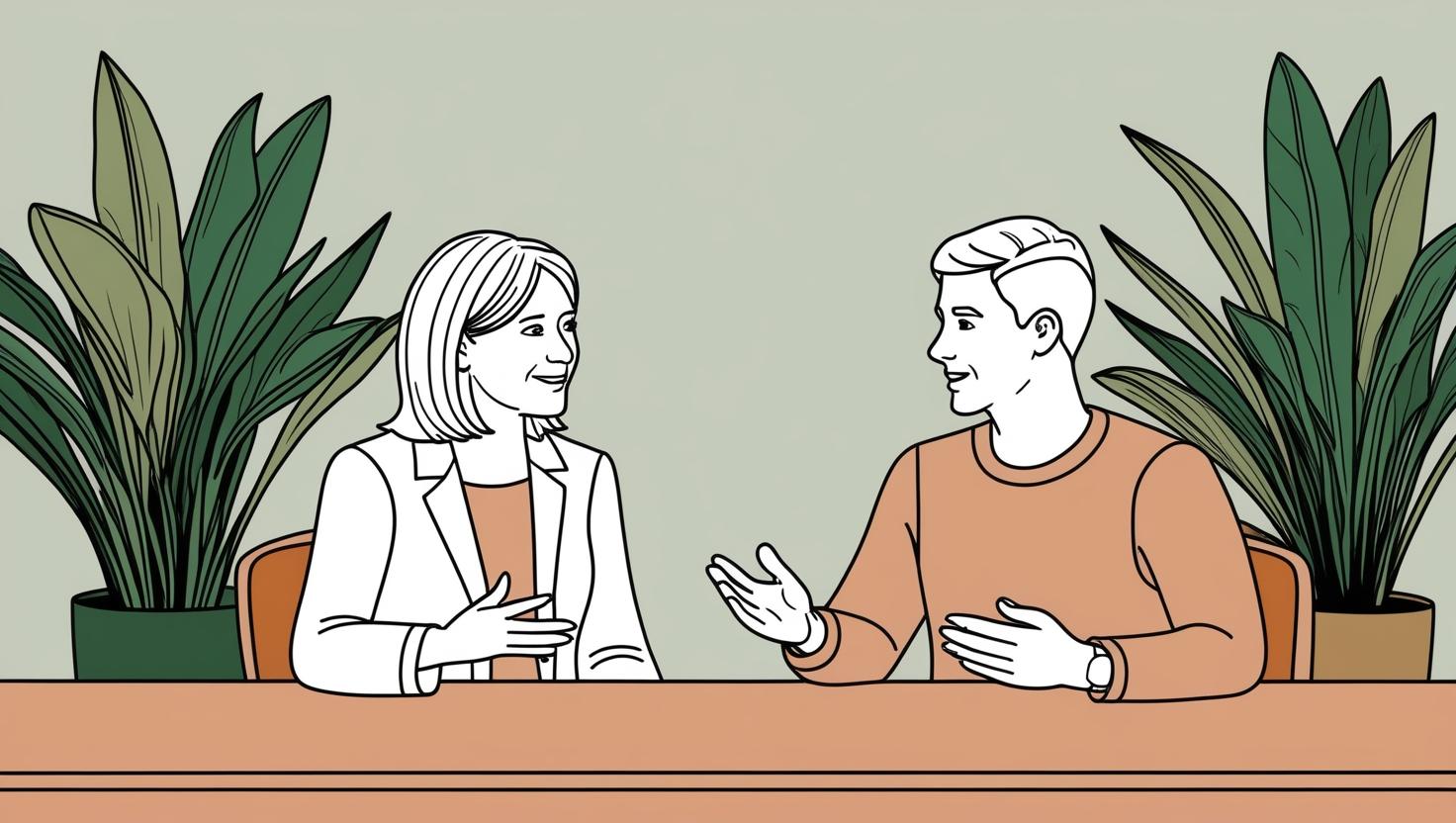 Illustration of a woman and a man sitting at a table, engaged in a friendly conversation. Both are gesturing with their hands, facing each other, and smiling. The background features green potted plants against a light green wall, creating a relaxed and professional setting.