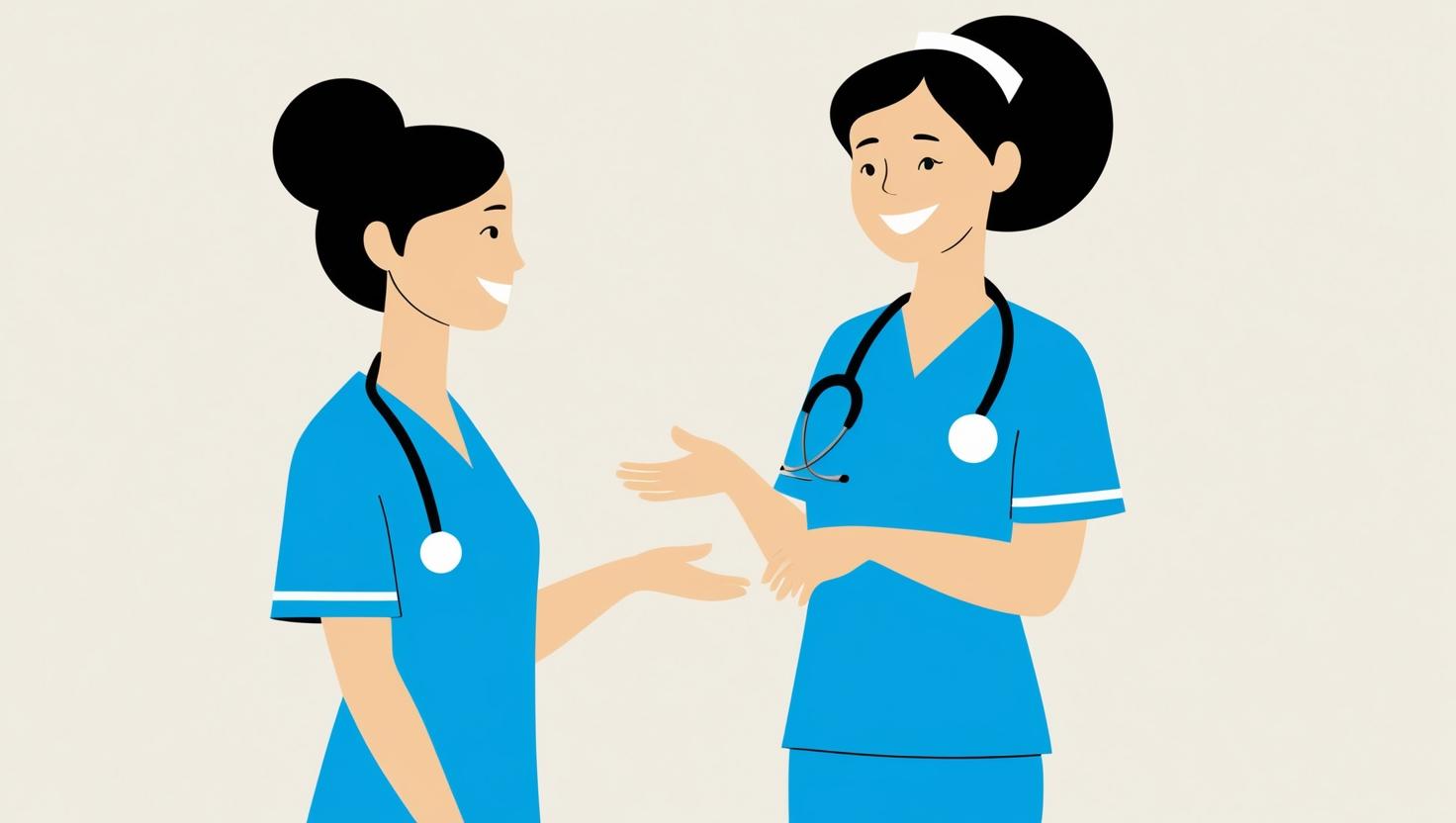 two nurses in blue scrubs talking to each other