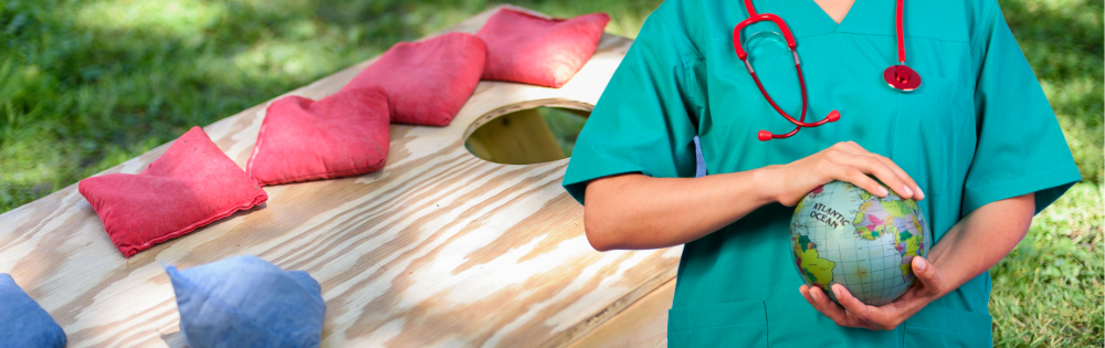 cornhole board and a medical professional holding a globe