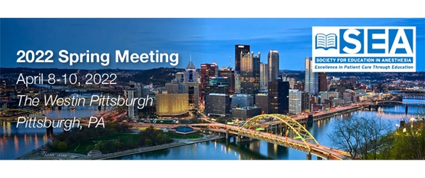 "A graphic advertising the SEA 2022 spring meeting with a backdrop of downtown Pittsburgh"