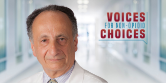 Dr. Jacques Chelly standing in front of a hospital hallway; Voices for Non-Opioid Choices logo