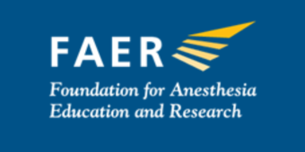 The logo for the Foundation for Anesthesia Education and Research (FAER). It features the acronym "FAER" in bold white letters with a yellow stylized wing design to the right, above the full name of the organization in white text. The background is blue.