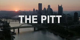 Opening shot from the TV show "The Pitt": The words "The Pitt" in bold white text over an image of the city of Pittsburgh